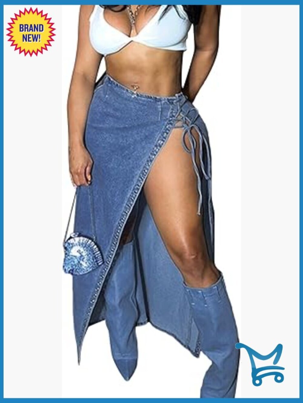 High Split Long Denim Skirt Tie Knot High Waisted Stretchy Trendy Irregular